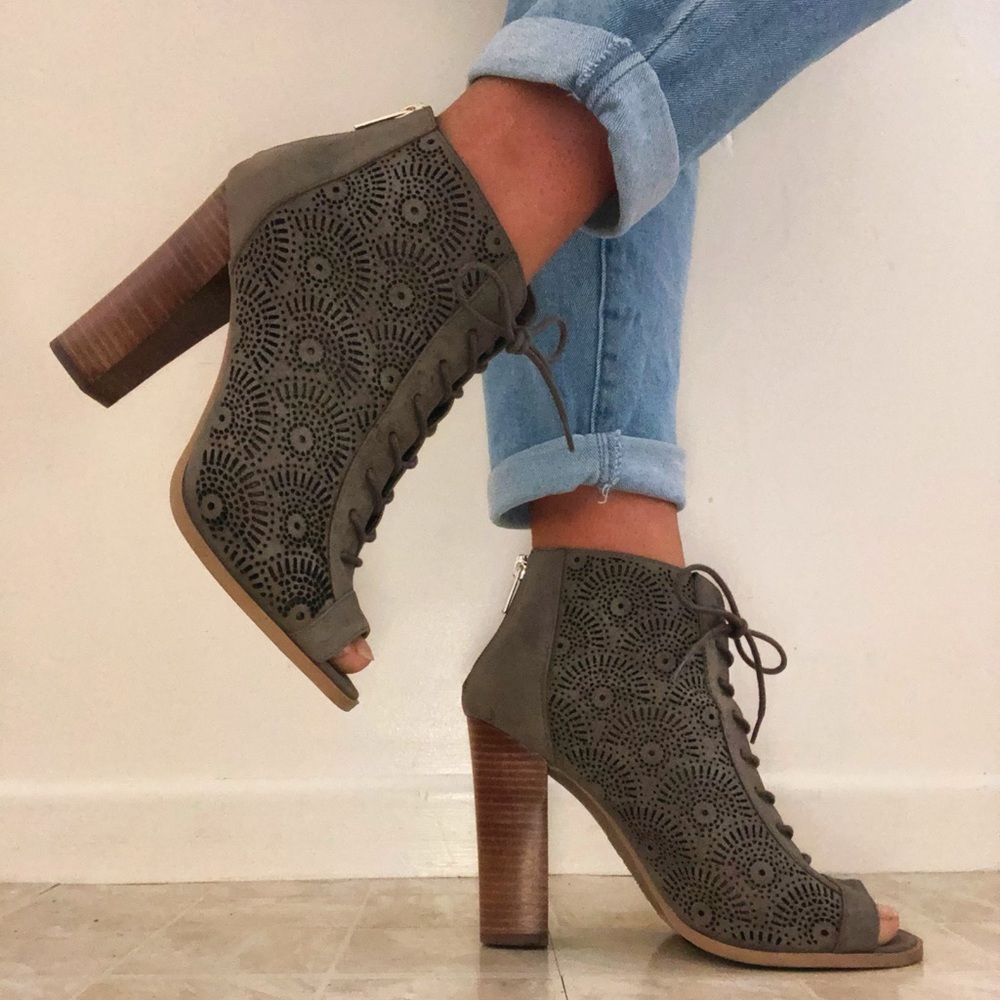 Call It Spring olive open toed booties.